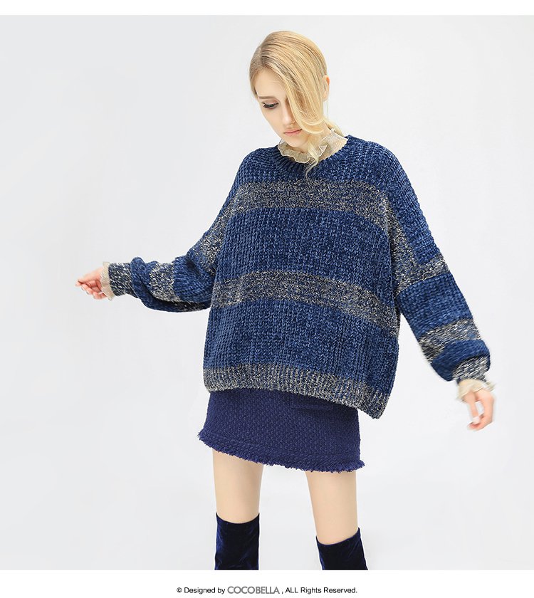 cocobella雪尼尔针织毛衣女金银丝条纹撞色宽松保暖上衣yn447