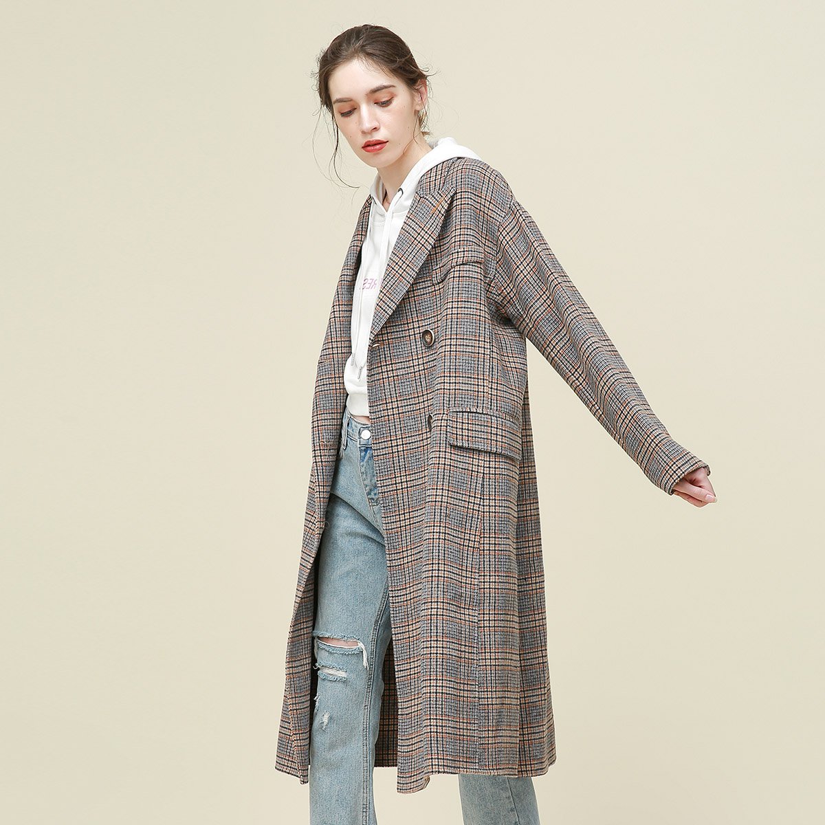 羊绒上新专场海尔曼斯2018冬双排扣格子中款100羊毛女士双面尼大衣v0