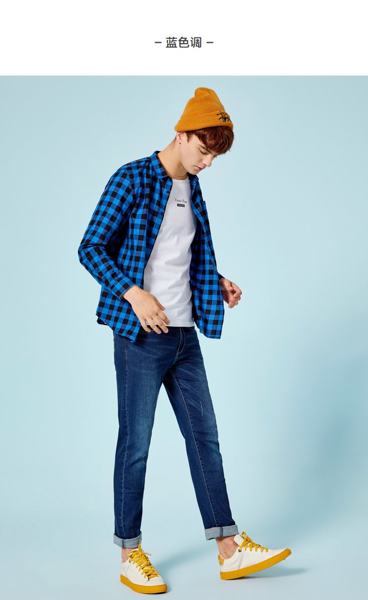 森马2018秋季新款【港风翻领格纹】轻薄纯棉外套男士衬衫男