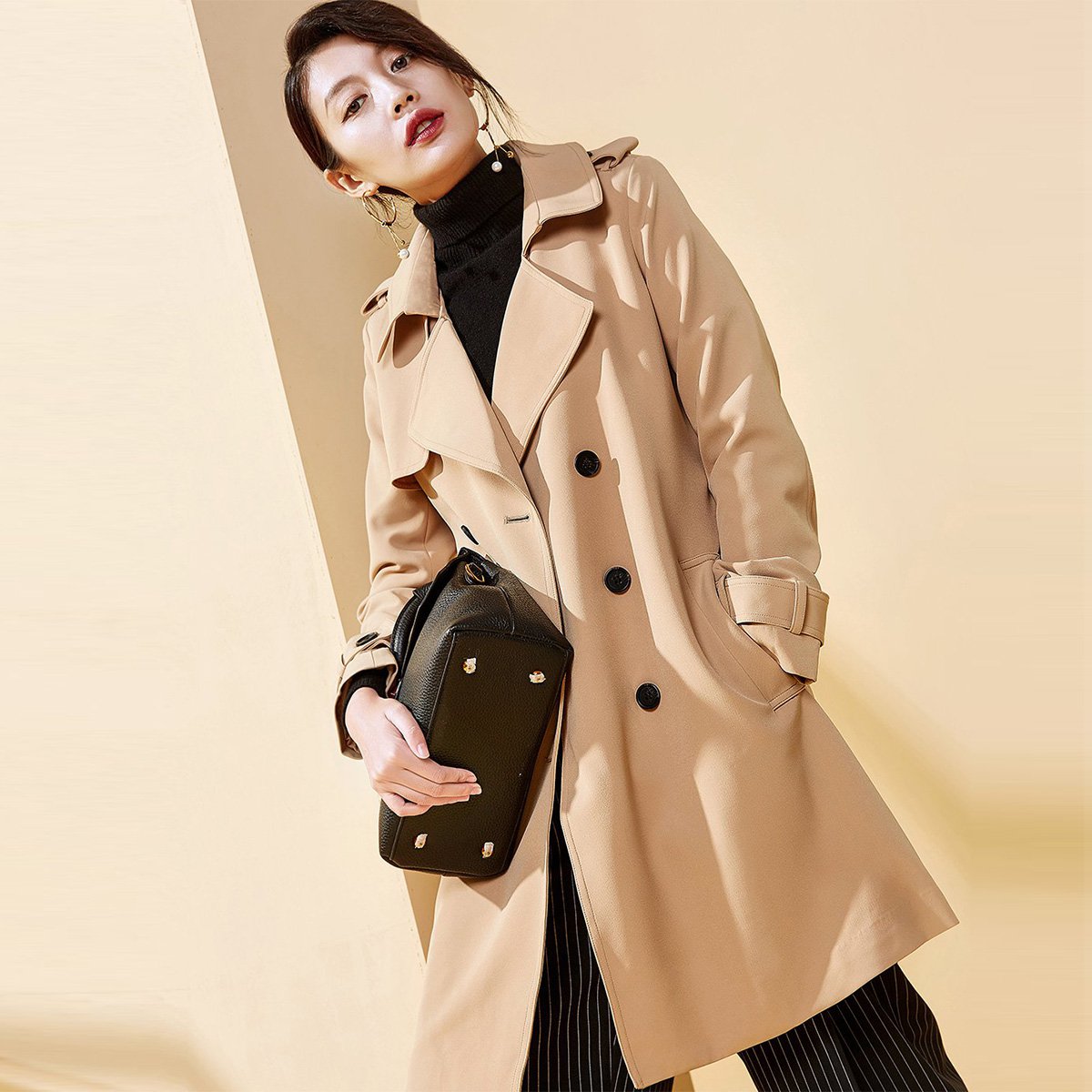 春款韩版宽松绑带撞色纽扣插袋中长款知性经典女士风衣