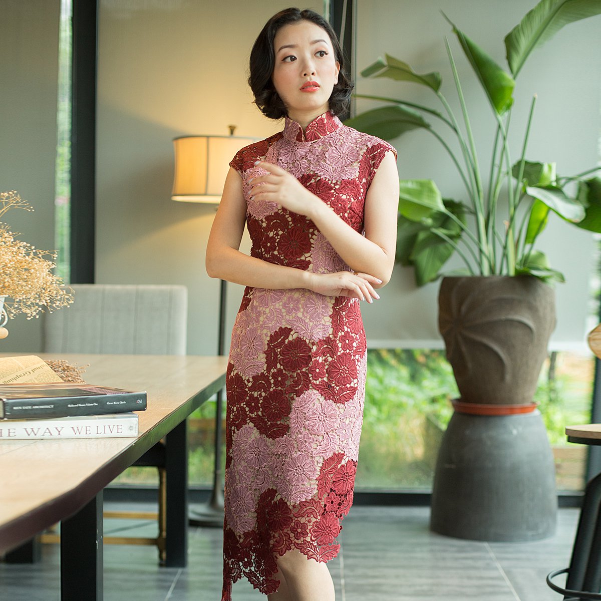 幽篁 旗袍女夏2018新款 端庄大气改良蕾丝旗袍连衣裙包肩袖长款旗袍