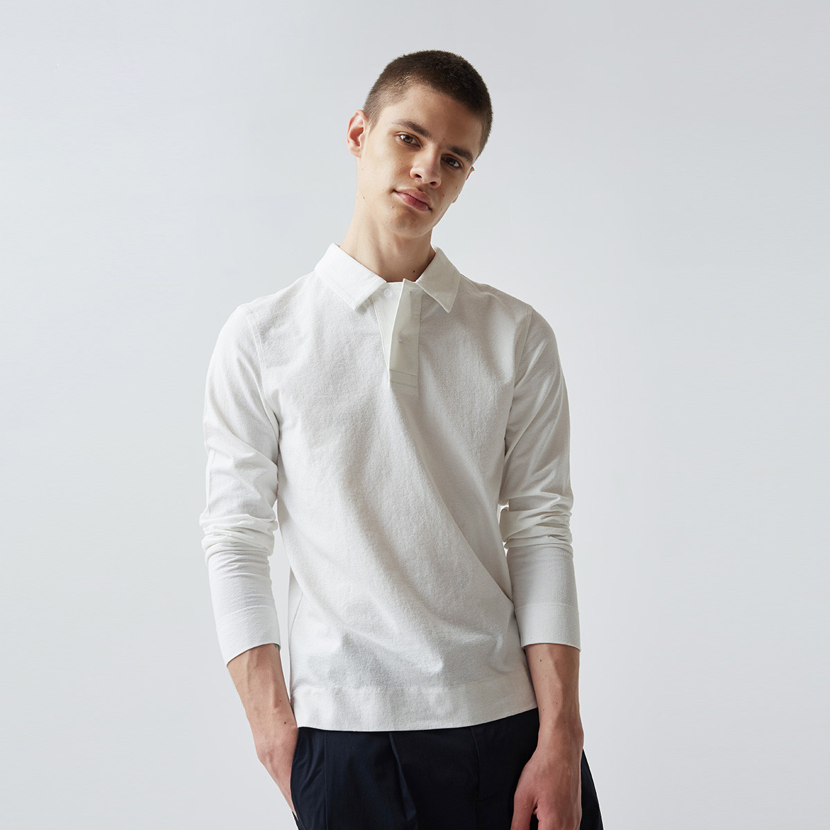 gt男装2018年秋季新款男款净色简约宽门襟翻领长袖t恤男款长袖polo衫