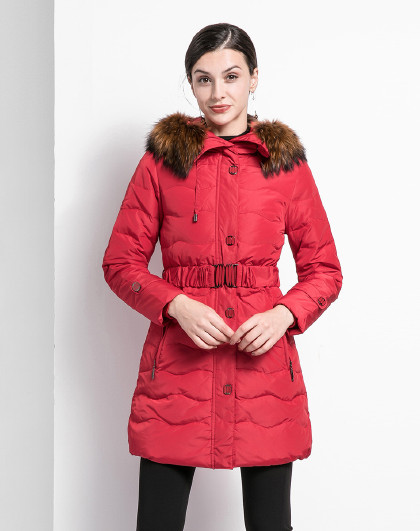 女款红色简约百搭长袖中长款羽绒服
