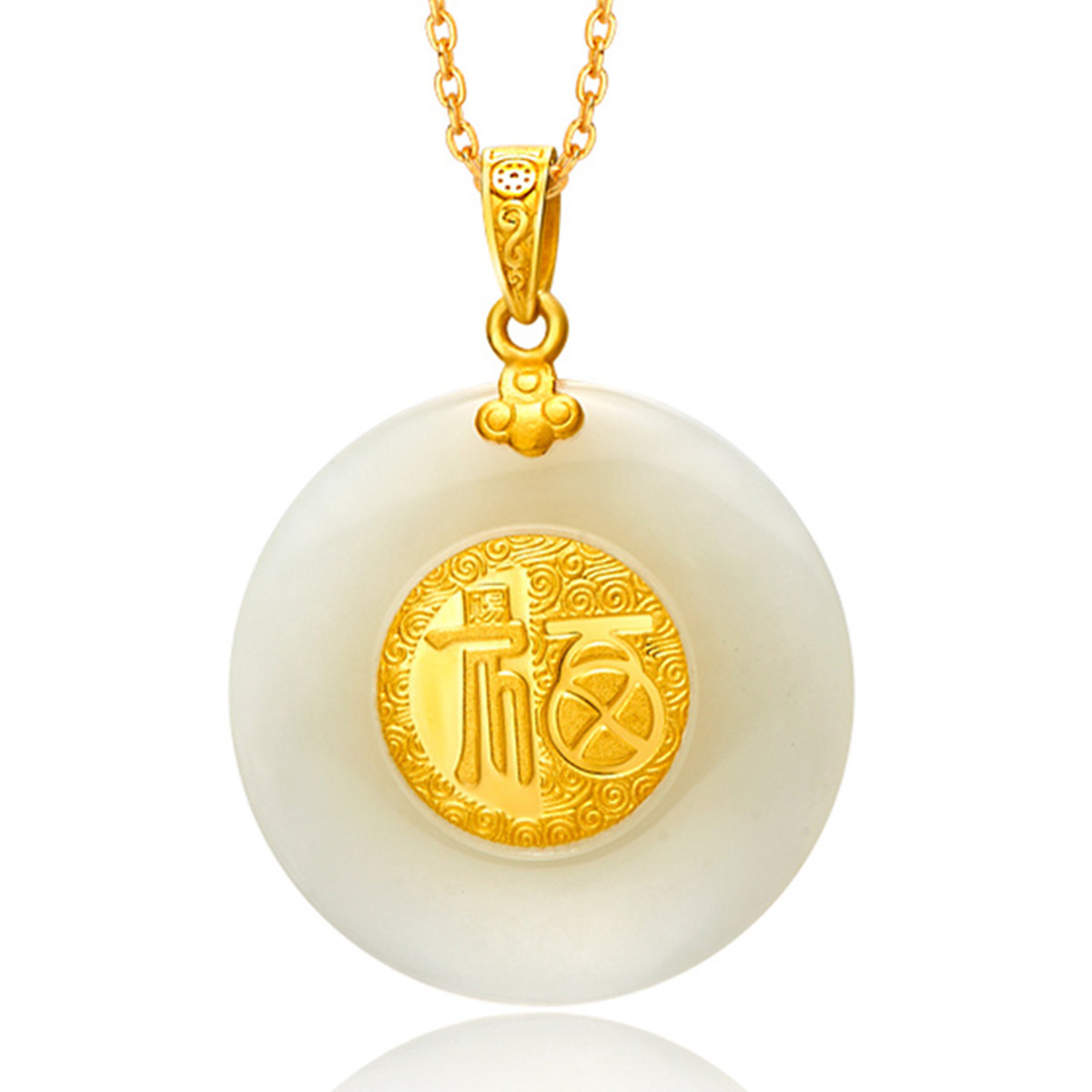 周大福chow tai fook 福满堂足金黄金镶和田玉吊坠 通用 均码