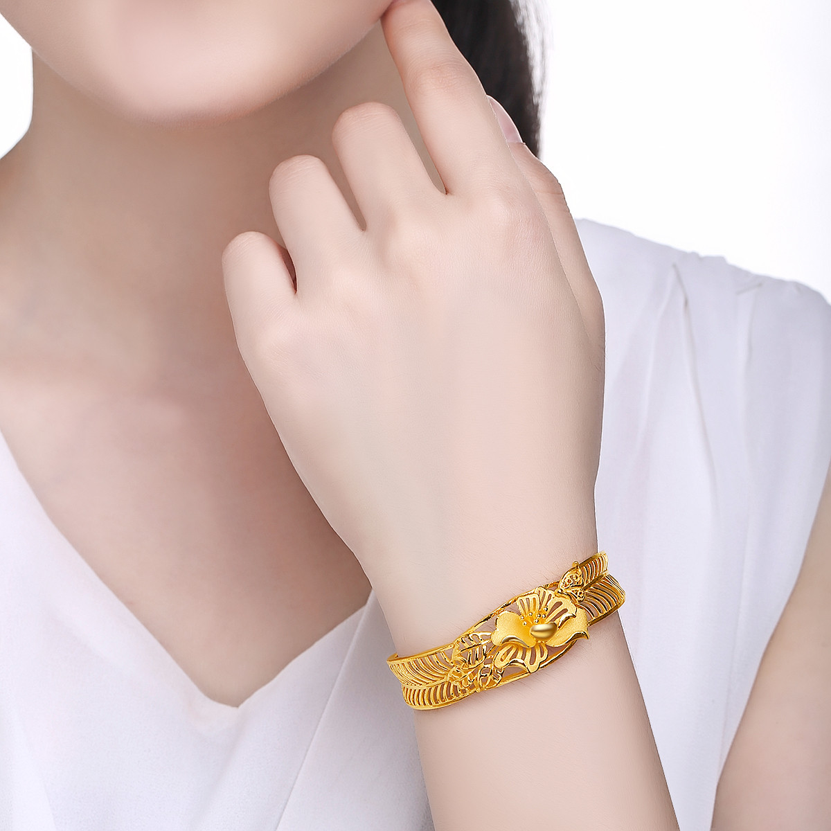 梦金园万纯 足金999.9喜事临系列-国色天香黄金手镯女士(计价)