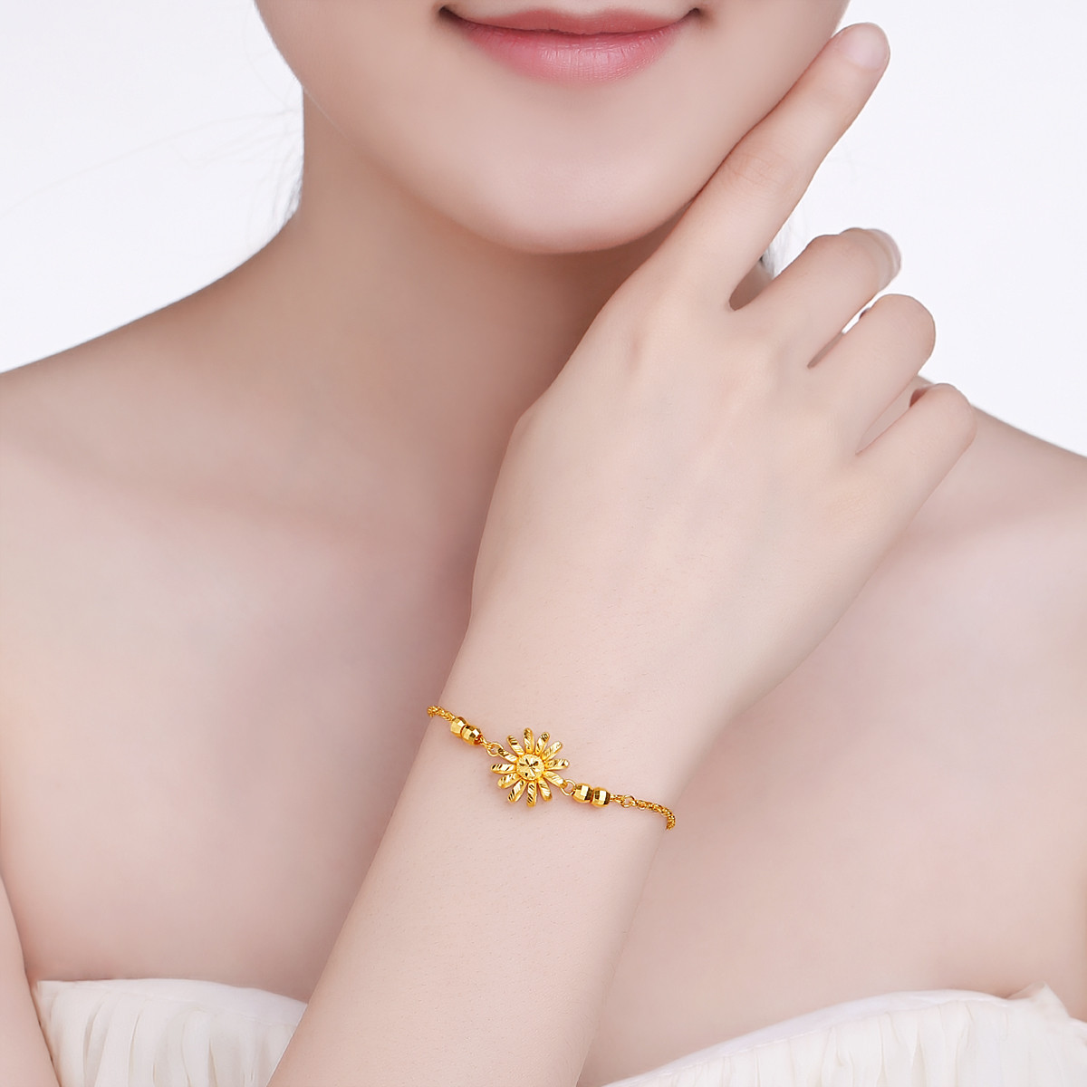 梦金园万纯 足金999.9太阳花黄金手链女款时尚含延长链(计价)