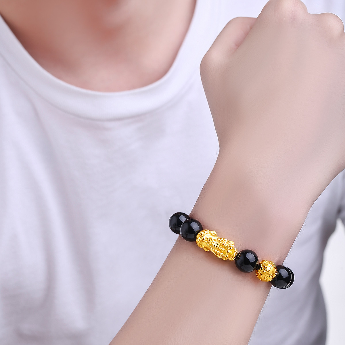 梦金园 3d硬金玛瑙瑞兽貔貅黄金手串黄金转运珠(定价/含图示所有珠)