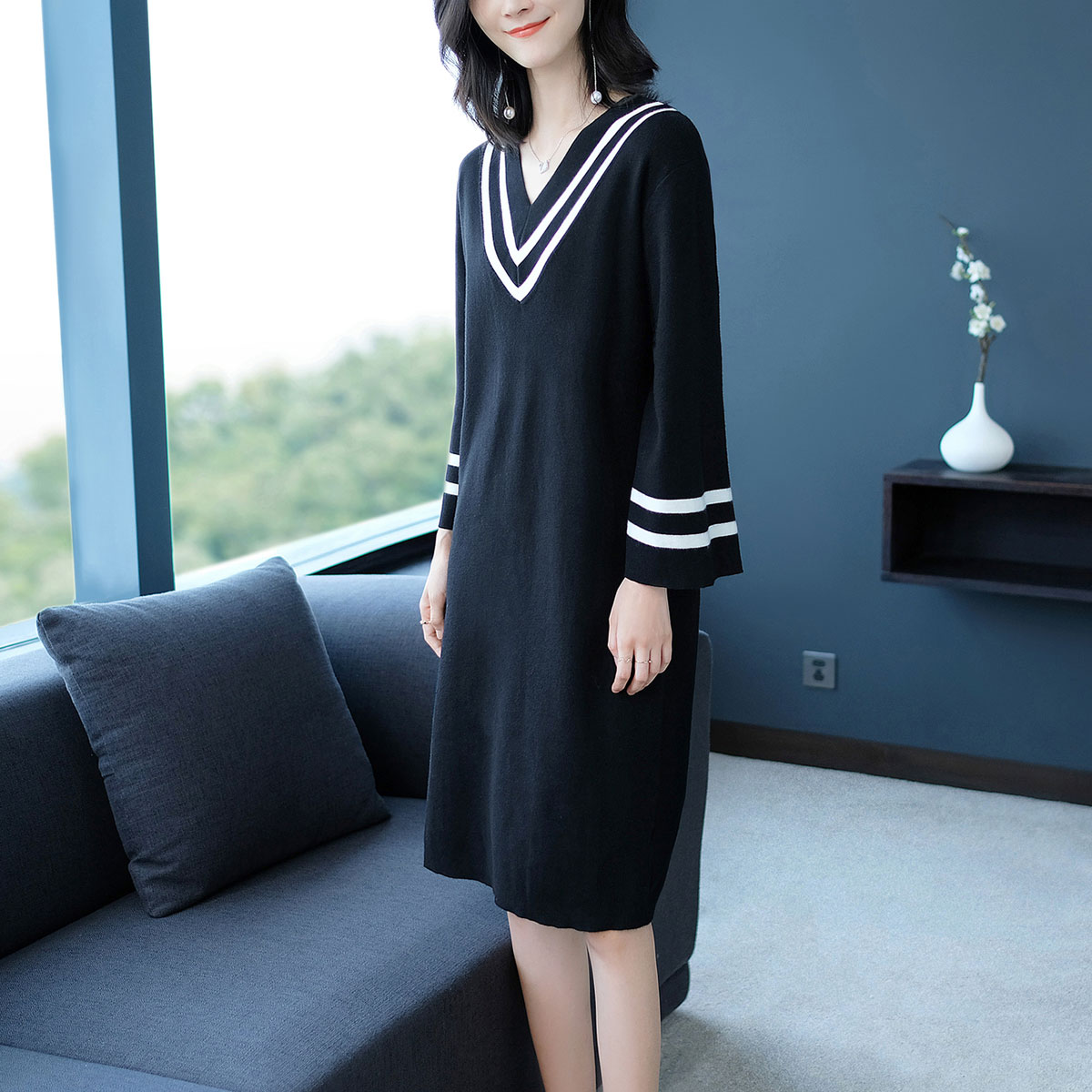 简狐2018秋装女时尚过膝毛衣连衣裙长款早秋大码女装新款针织打底衫潮