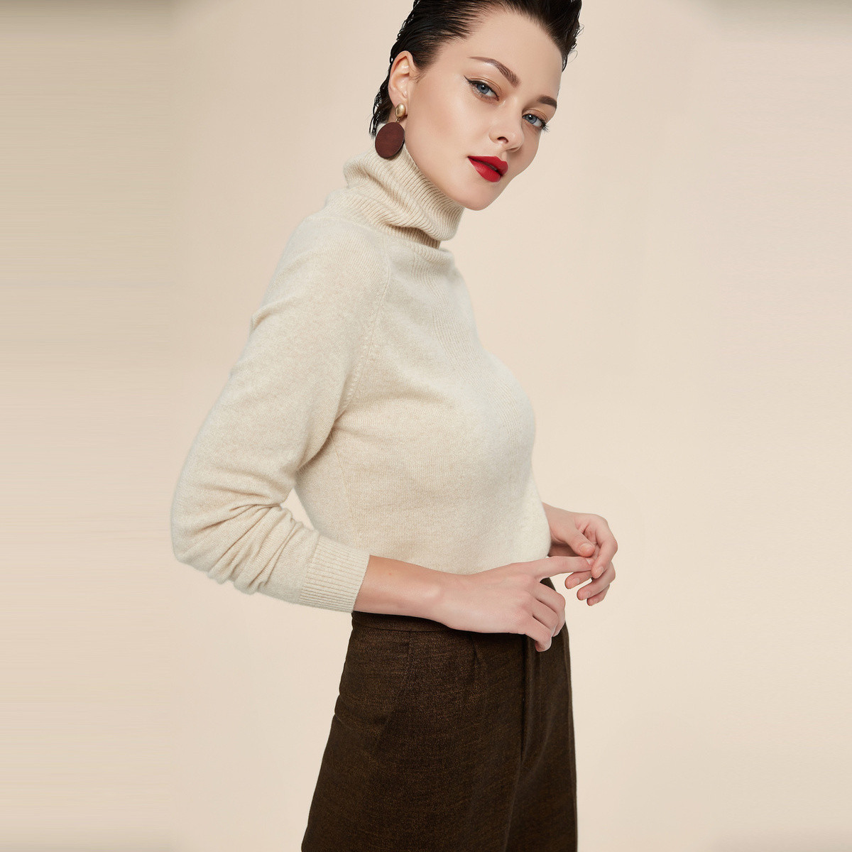 米皇高领斜肩保暖百搭100%纯羊绒衫打底高领毛衣女款毛衣