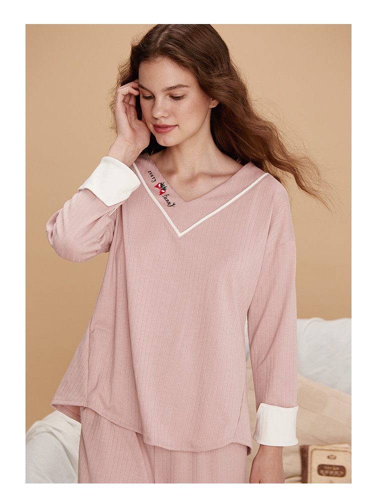 歌瑞尔长袖v领可爱印花舒适休闲女士睡衣女士家居服