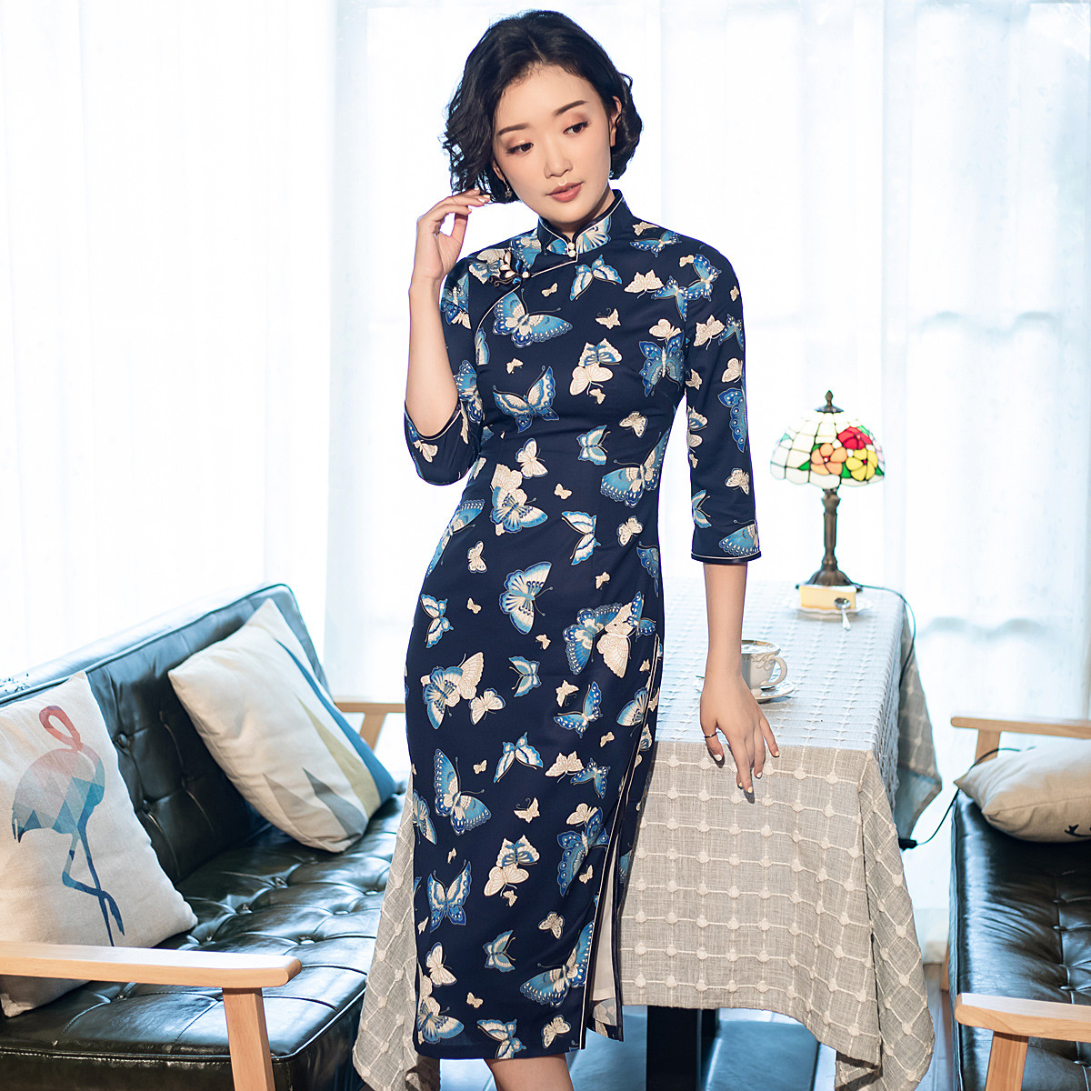 逸红颜 玉蝴蝶 2018秋季新款女七分袖中长款旗袍裙端庄大气修身连衣裙