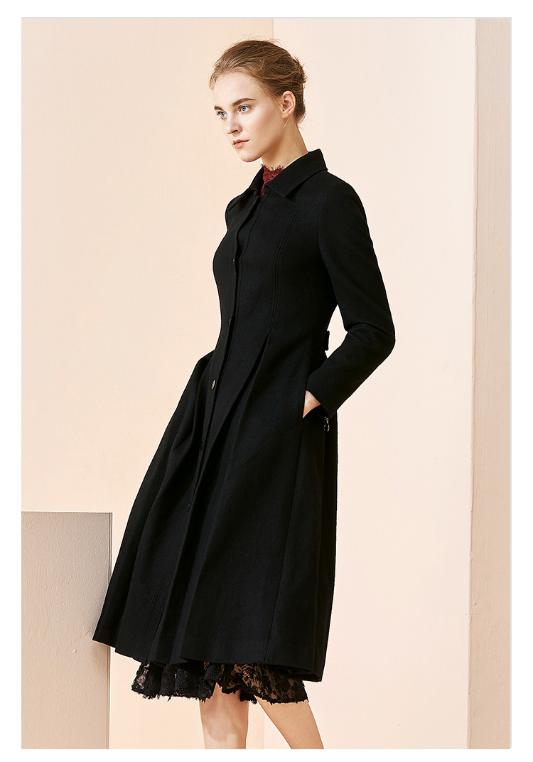 奈蔻黑色赫本风修身气质纯羊毛大衣女秋冬新款呢外套秋冬