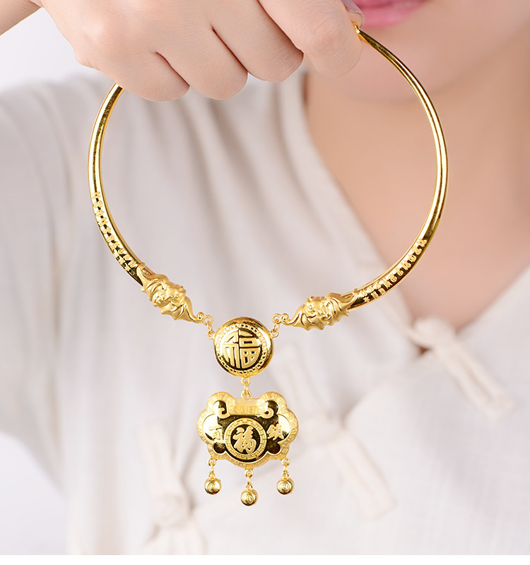 足金黄金项链宝宝百福铃铛锁包项圈(约42.7克)