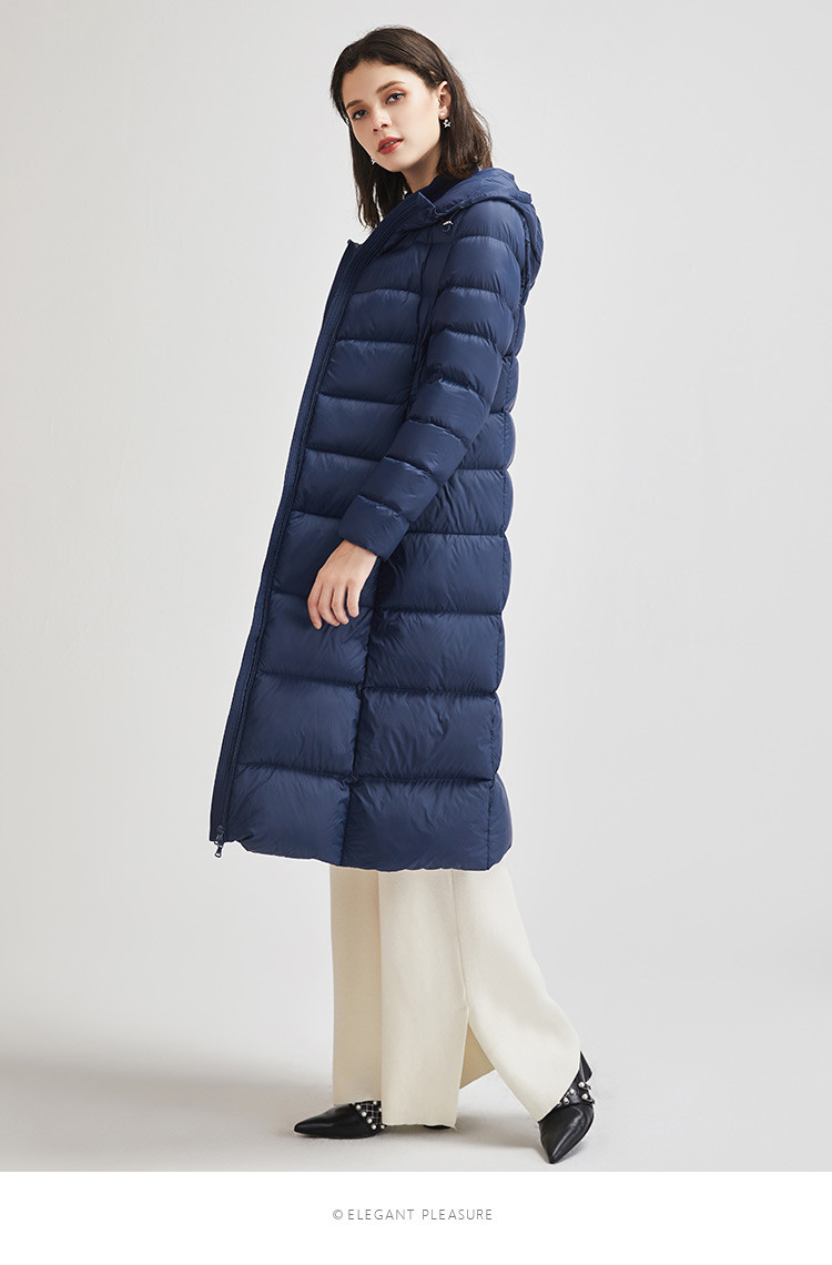 juzui/玖姿冬装新款连帽纯色保暖过膝修身显瘦中长款女式羽绒服