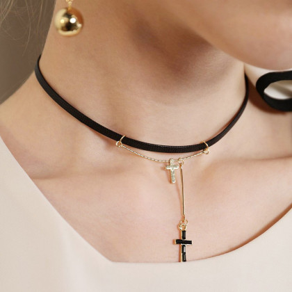 zengliu黑色锁骨链十字架项链女项圈颈链时尚脖子饰品颈带