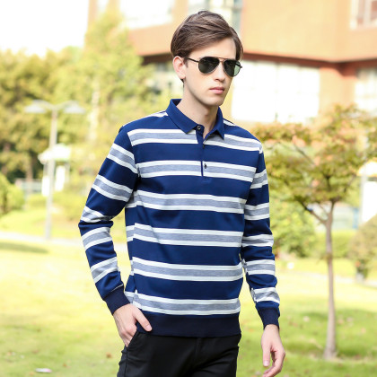 舒适商务】2018冬季新款长袖t恤男装翻领条纹男士休闲polo衫正式商务