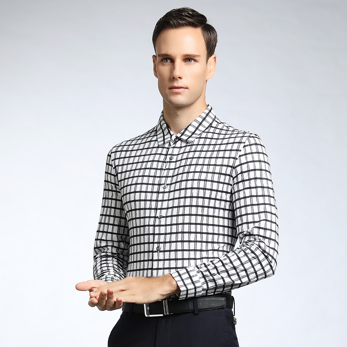 利奥纳多leonardo di gasun 桑蚕丝棉混纺时尚提花中格男士针织休闲衫