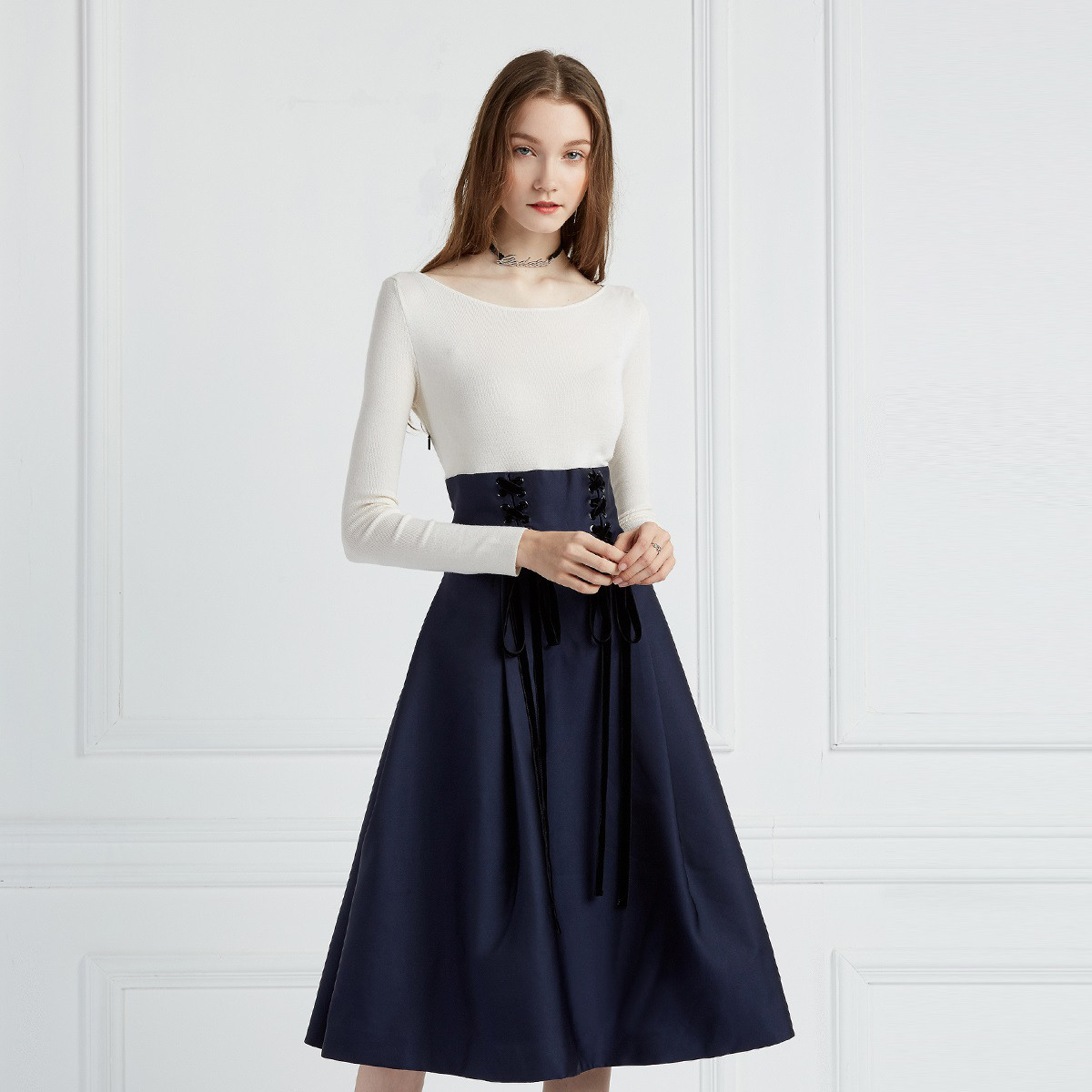 羊毛针织拼接绑带a字高腰连衣裙修身