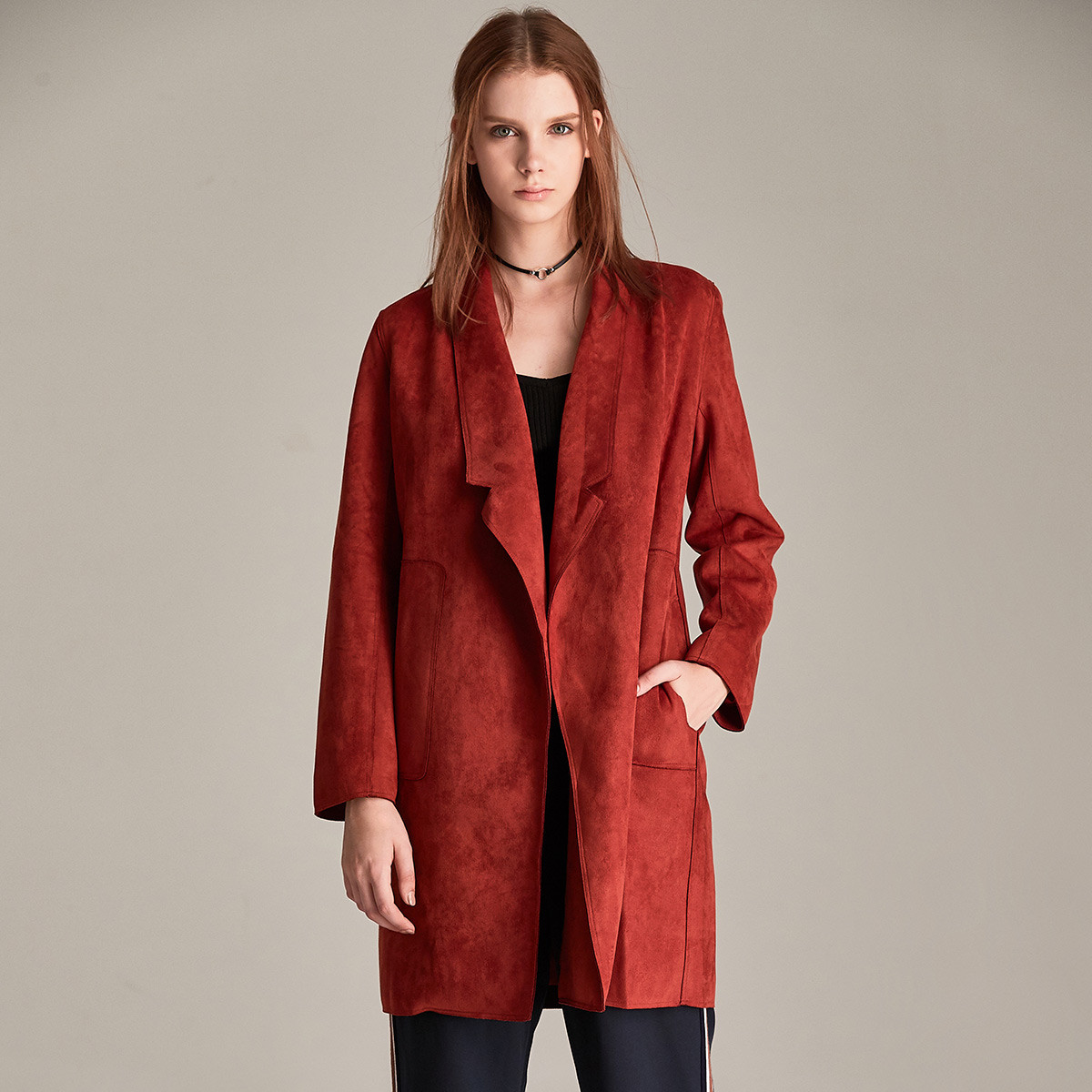 秋冬新款英伦风麂皮绒风衣外套时尚大气中长翻领宽松女式风衣