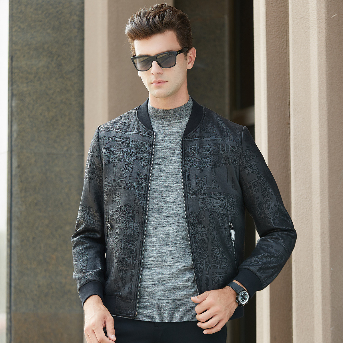 男装上衣潮流印花拉链秋冬2018新款茄克衫外套通勤男士夹克男款