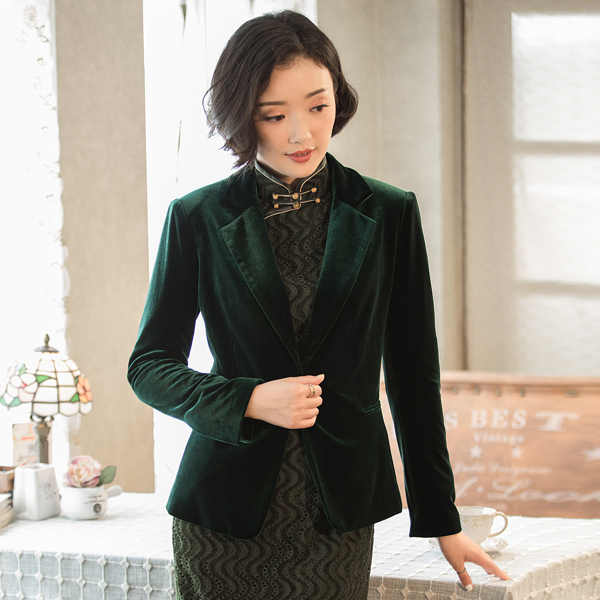 西河 西装外套女2019春季新款丝绒旗袍外套搭配旗袍的外套