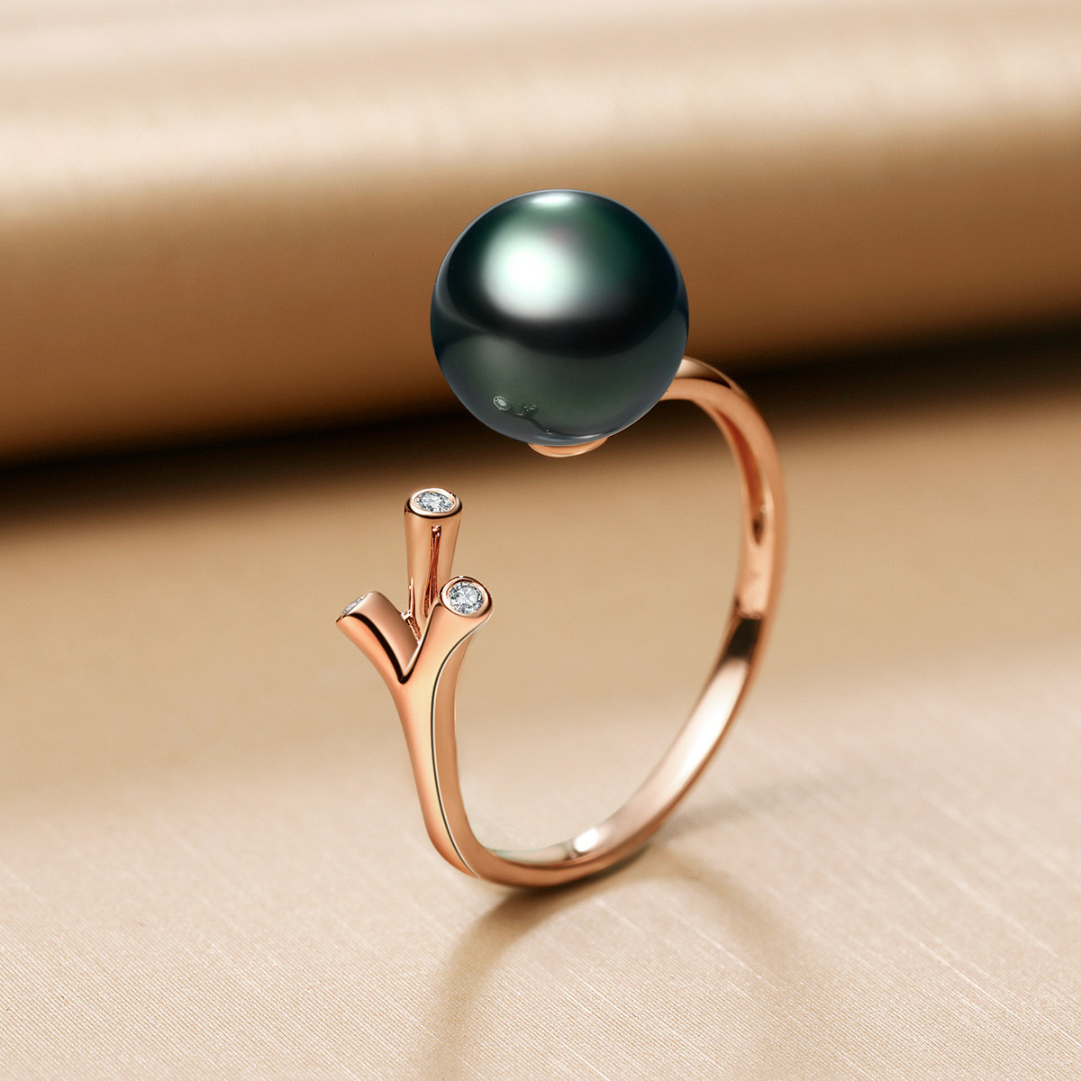 brir正圆8-9mm高亮泽大溪地黑珍珠戒指18k金钻石正品