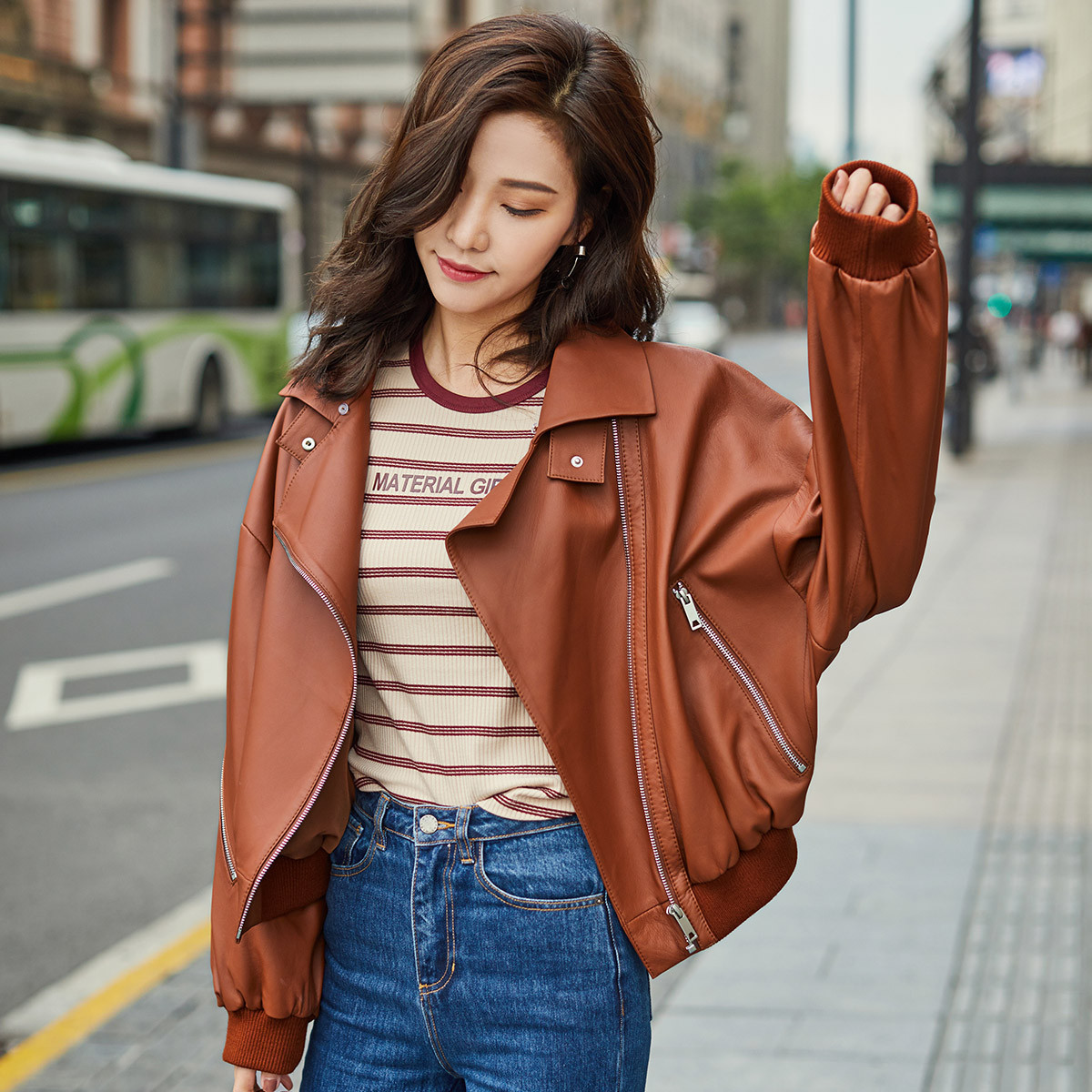 雪豹 时尚个性蝙蝠袖真皮皮衣女士夹克 棕色 40(160/84a)