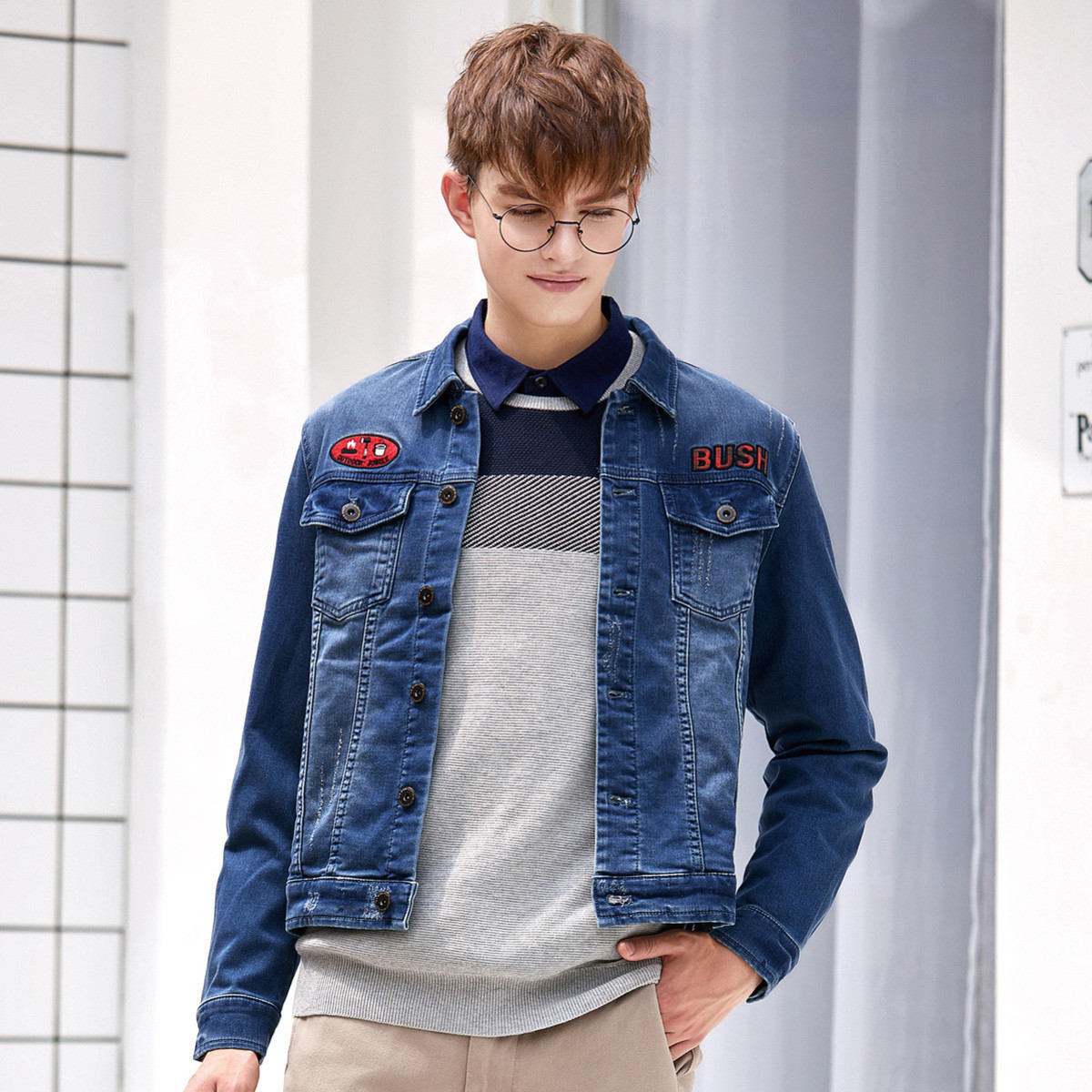 真维斯牛仔外套男秋装男士修身夹克短款牛仔衣