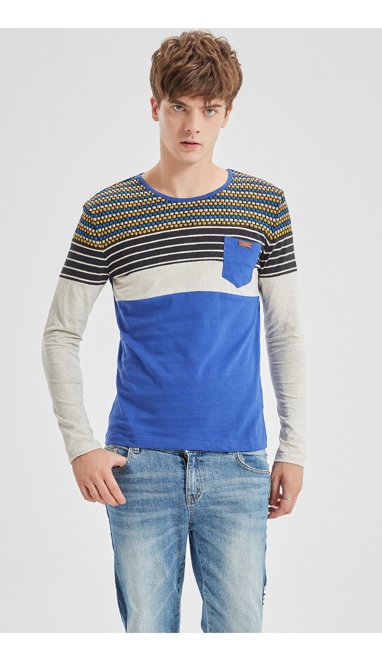 wolfzone狼道 长袖t恤男士纯棉圆领 春款条纹针织韩版修身打底衫