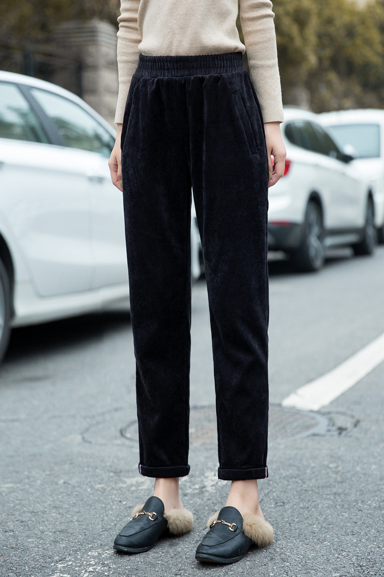 灯芯绒哈伦裤女九分2018秋冬韩版宽松高腰加绒加厚松紧休闲条绒裤