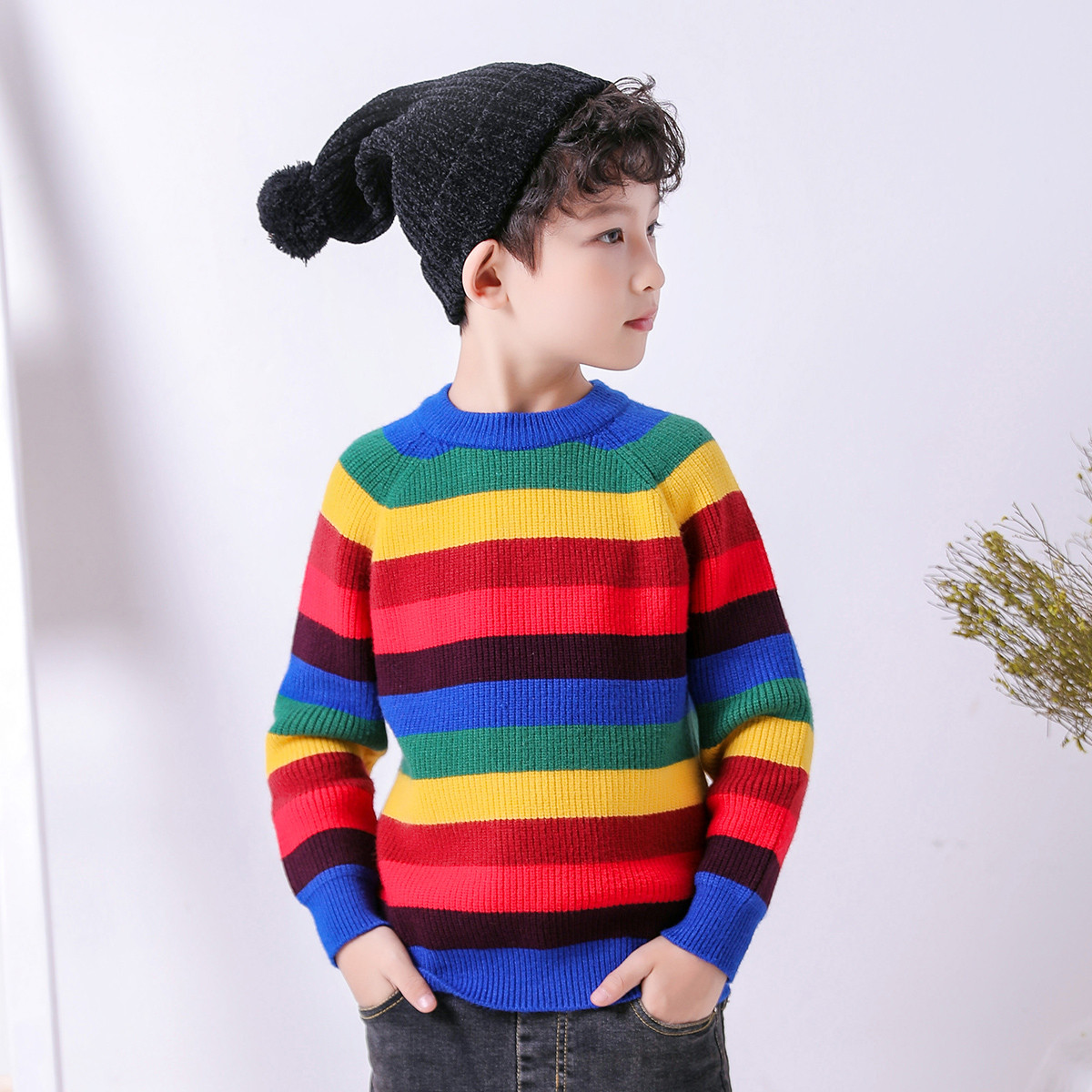 苏黎世家 2018秋儿童条纹拼色插肩圆领毛衣