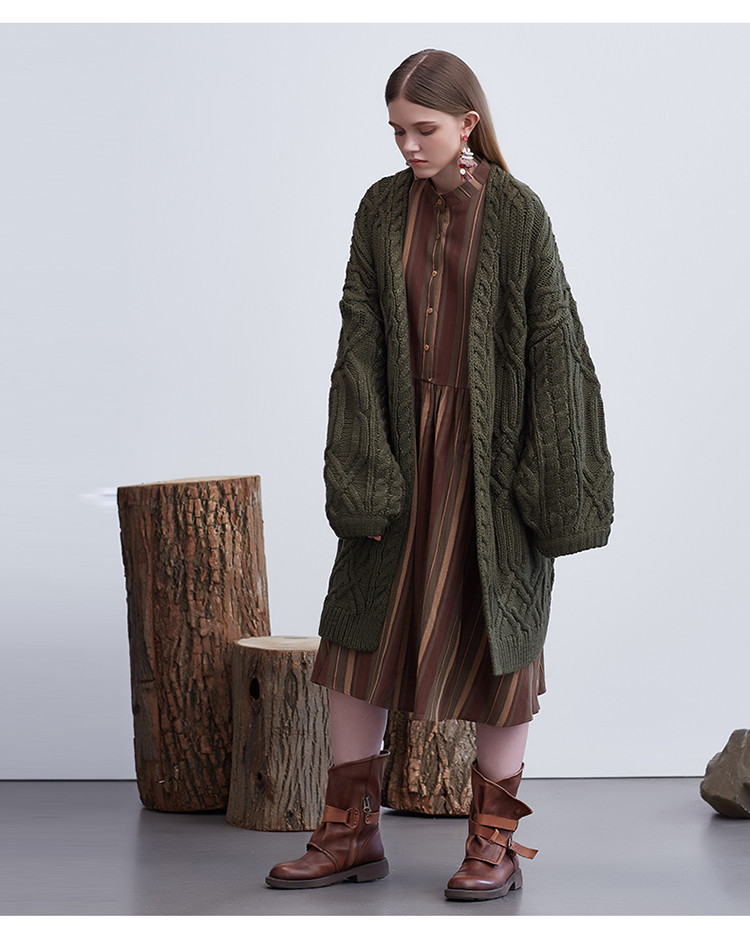 菀草壹冬装新款驼色加厚毛开衫女 宽松灯笼袖毛针织衫毛衣女式针织衫