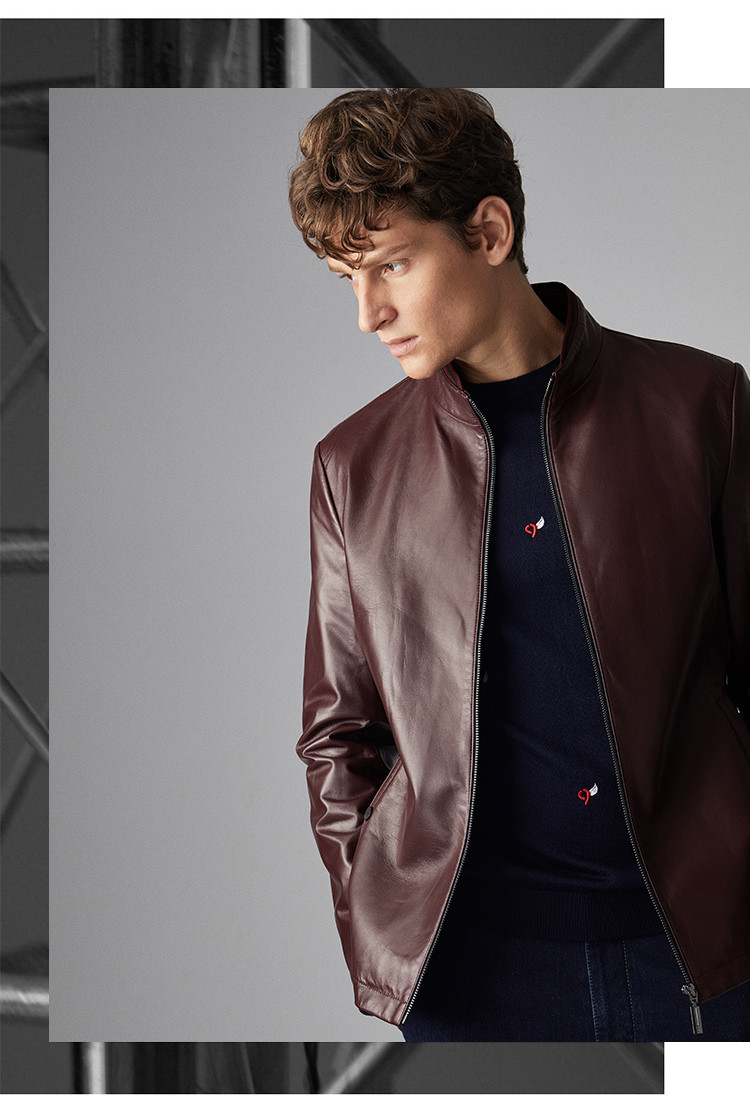 九牧王joeone 男装皮衣男秋冬时尚舒适休闲棒球领短款绵羊皮革保暖