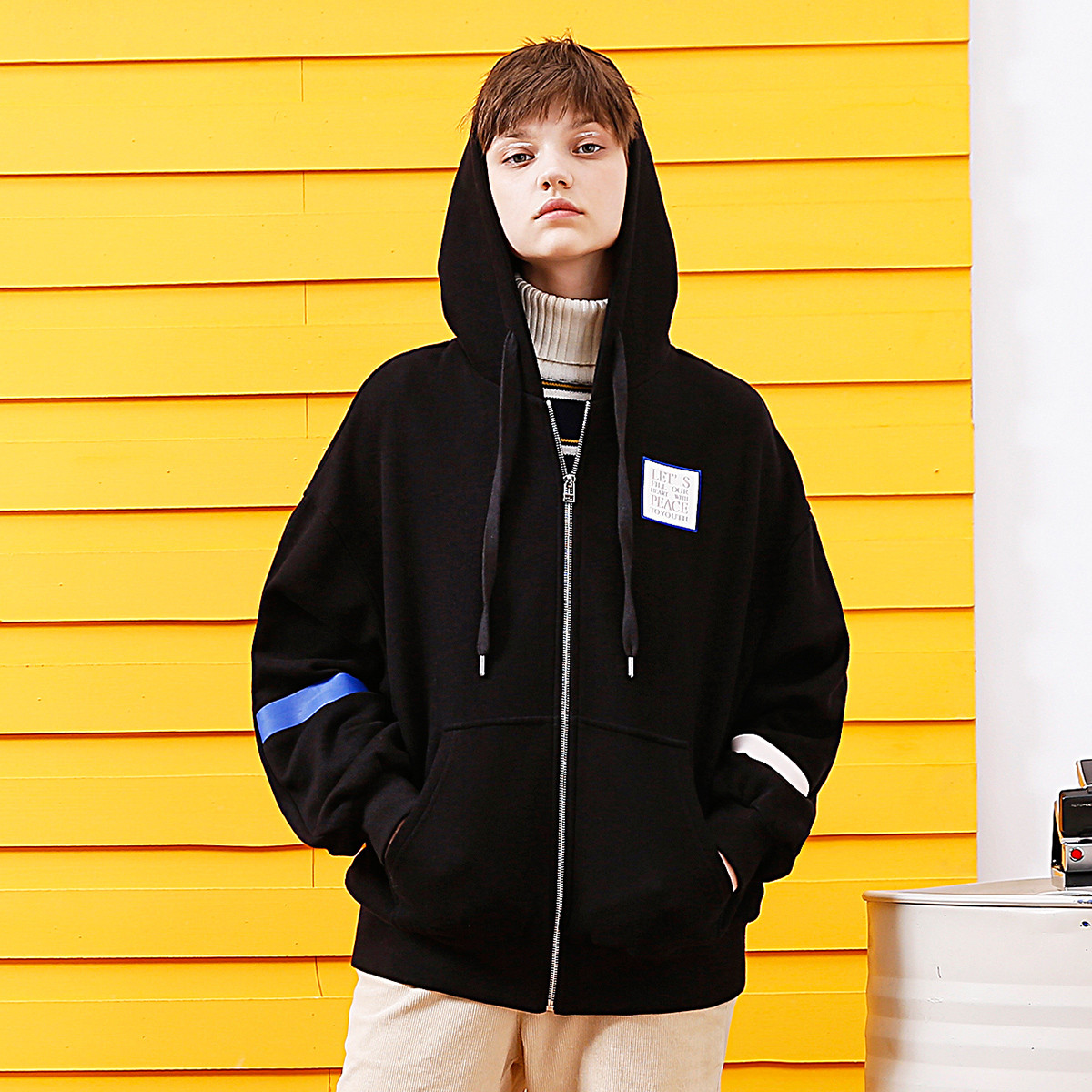 横条杠撞色连帽宽松运动帽衫女款外套