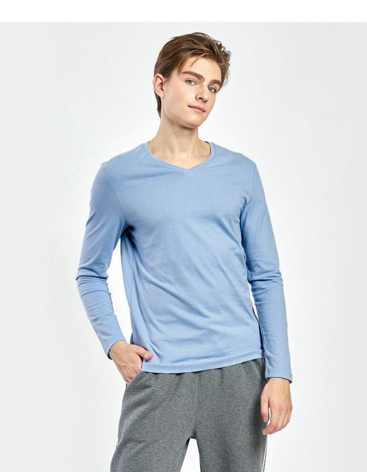 真维斯t恤男 男士纯棉舒适净色磨毛v领长袖体恤衫