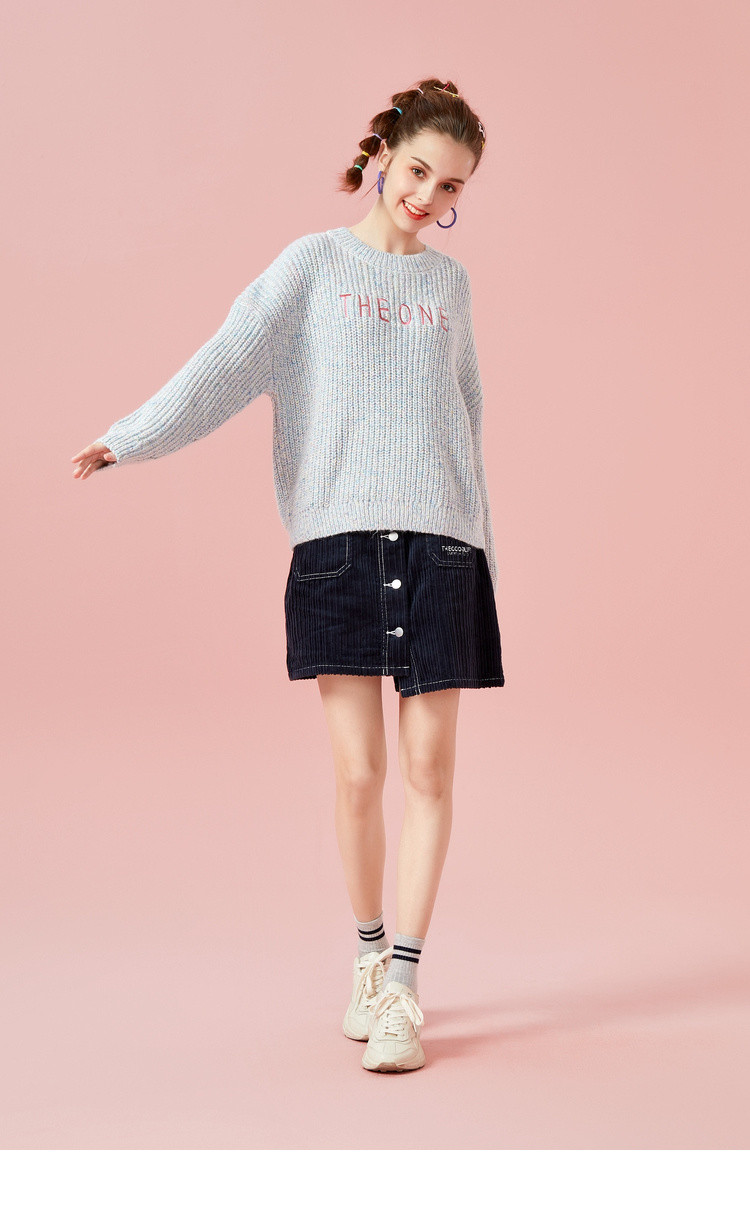 森马女装2018冬装新款学院风宽松显瘦字母刺绣潮流针织衫花纱女款毛衣