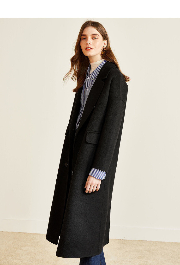 【2018冬季新款】纯羊毛翻领长袖双排扣长款双面呢大衣女