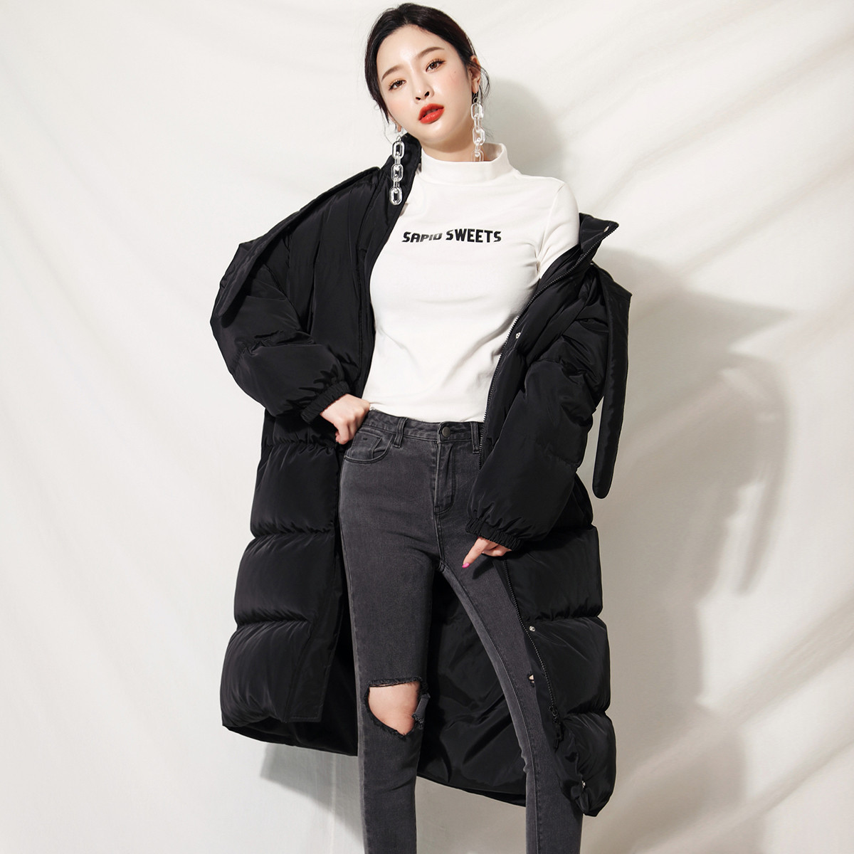 韩都衣舍2018冬季新款韩版女装淑女风宽松长款长袖加厚羽绒服