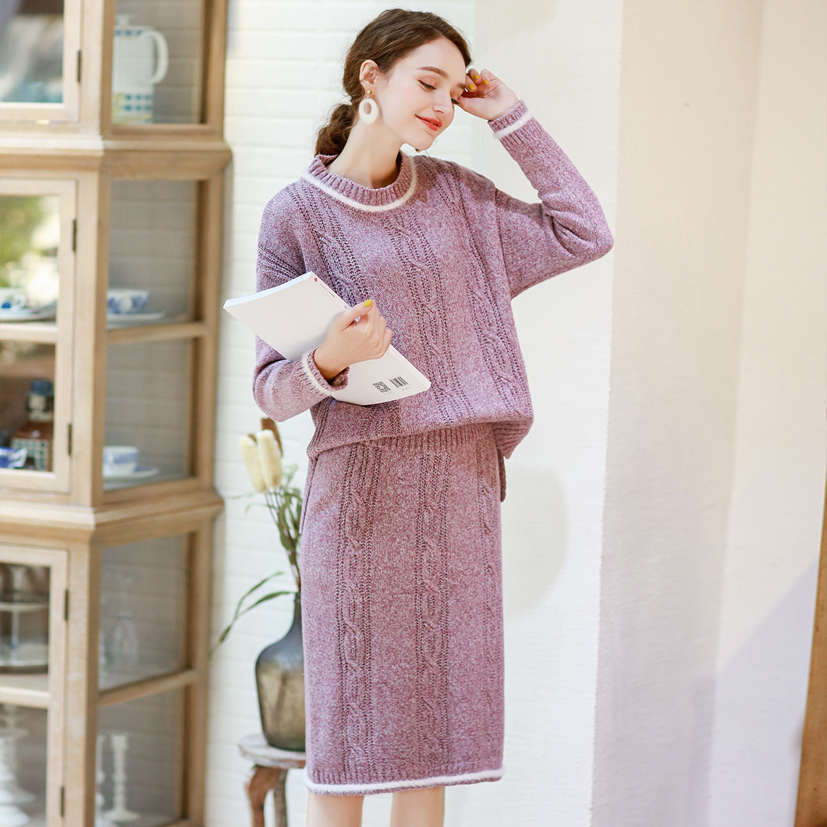 新款时尚女款针织套装裙毛衣上衣包臀半身裙两件套毛衣套装针织套裙女