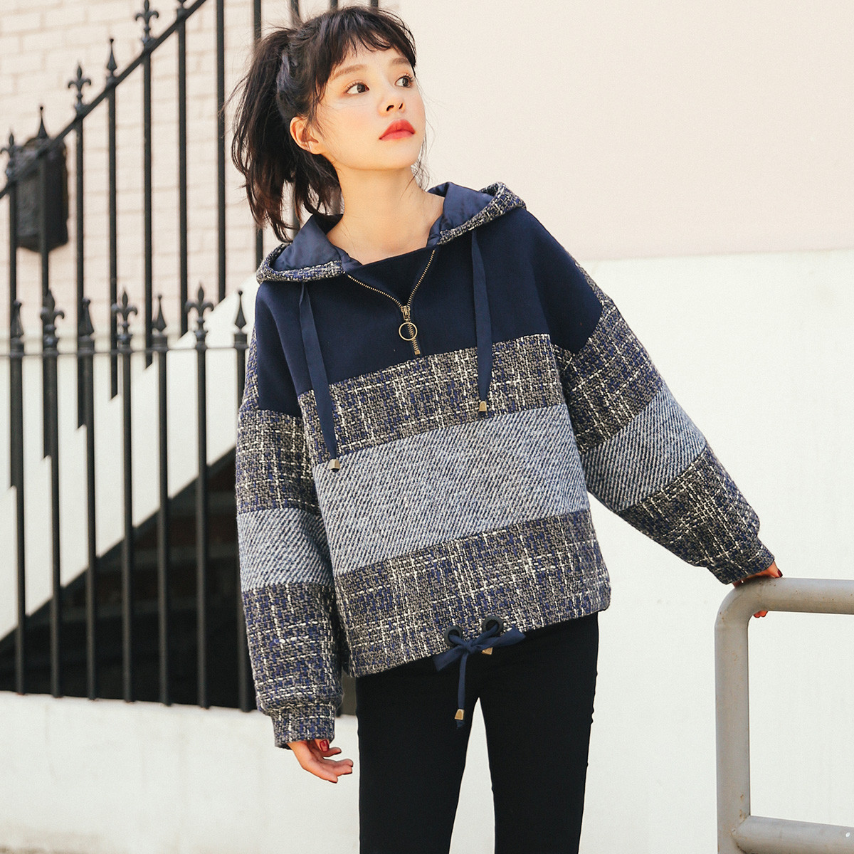 连帽女款秋冬连帽宽松拼色拉链套头外套女式卫衣8xl4206cjr_唯品会