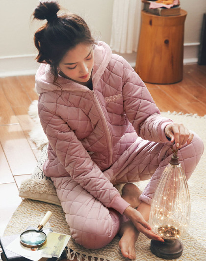 睡衣家居服女款套装连帽拉链纯色甜美加厚保暖冬季女士睡衣