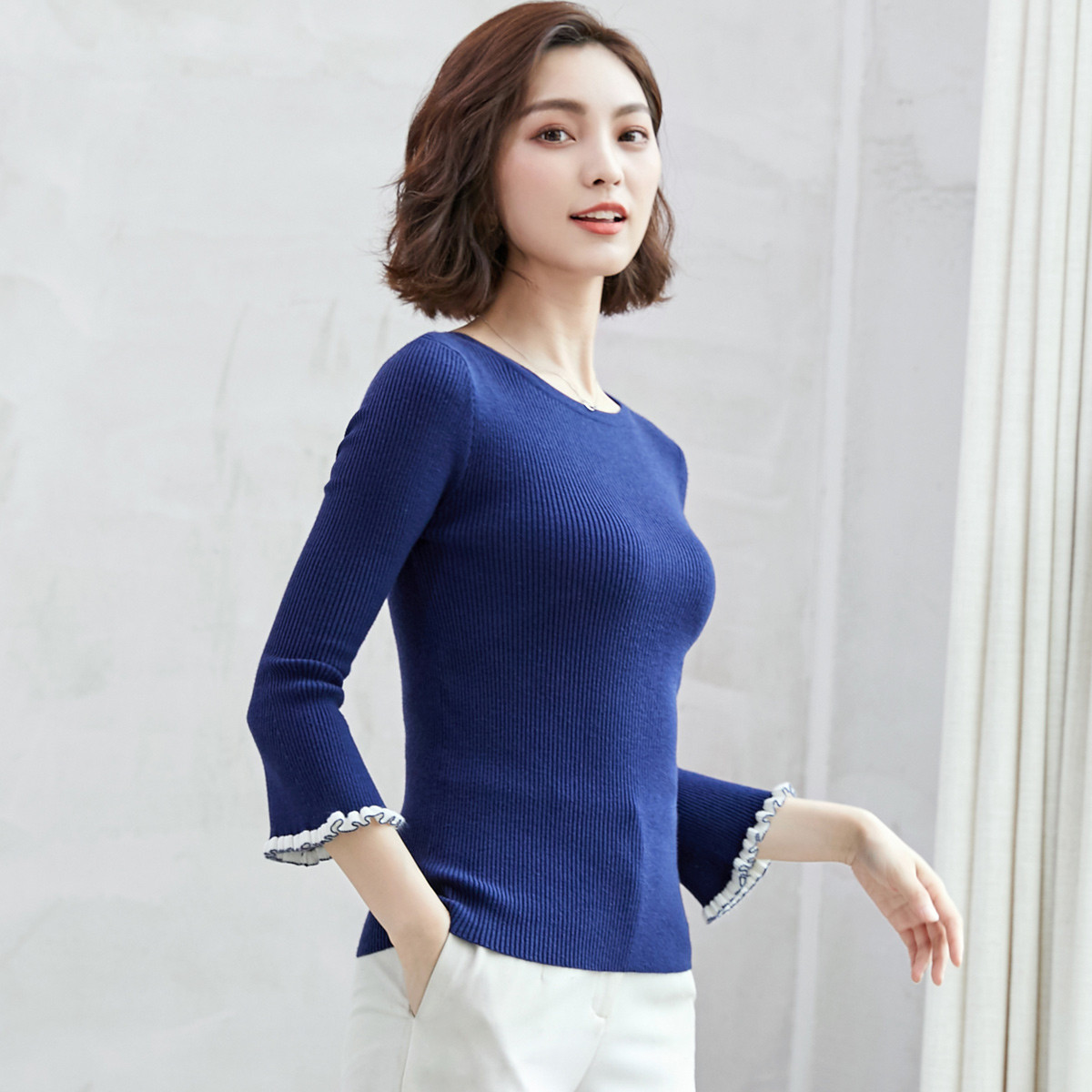 【2018新品】新款女装上衣针织衫优雅通勤气质百搭时尚撞色修身显瘦