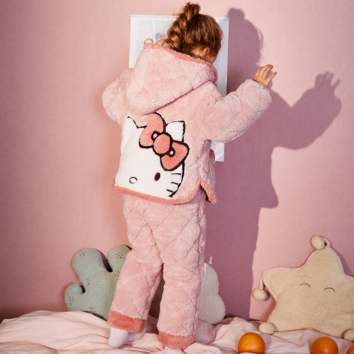 果壳gukoo 女童睡衣家居服hello kitty连帽加厚冬季套装 古粉 110