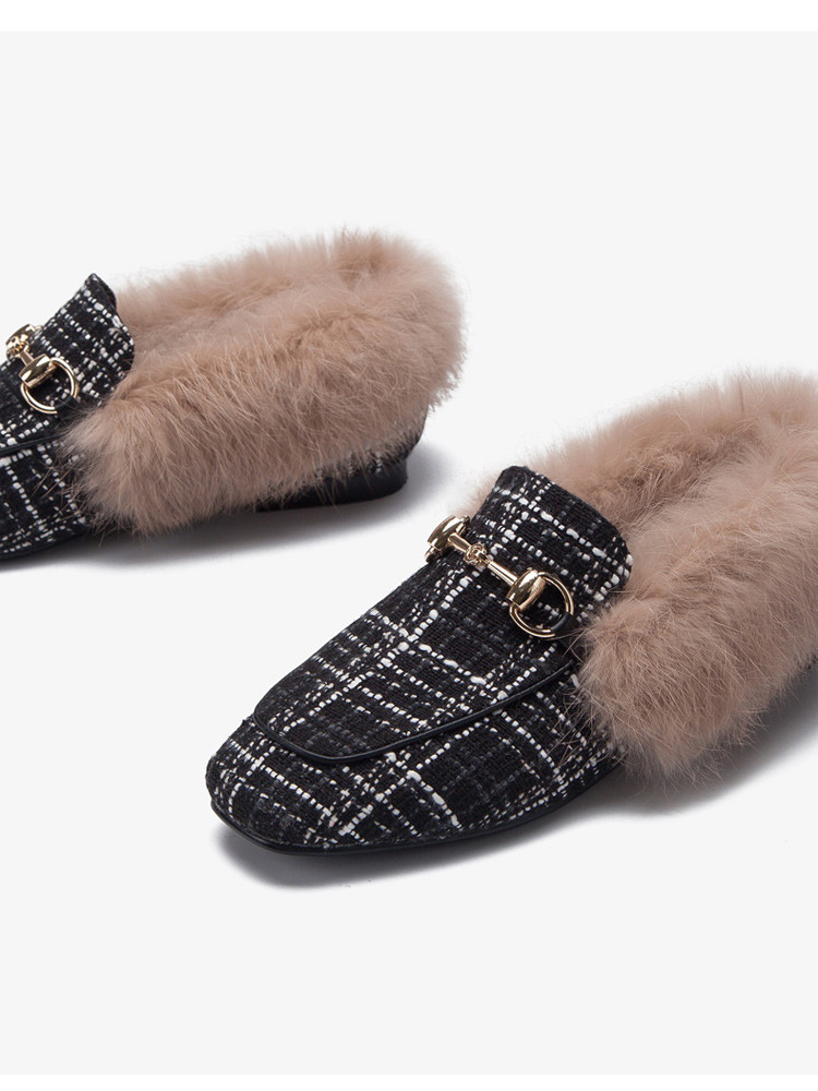 加绒毛毛鞋女 外穿平底2018秋冬新款兔毛懒人鞋方头单鞋毛毛格子豆豆