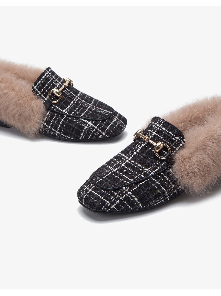 加绒毛毛鞋女 外穿平底2018秋冬新款兔毛懒人鞋方头单鞋毛毛格子豆豆