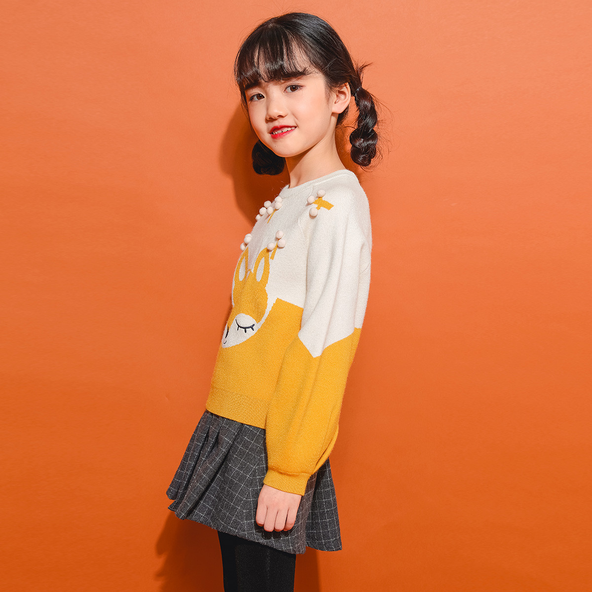 拉夏贝尔旗下童装8em儿童卡通毛衣保暖韩版圆领休闲女童针织衫