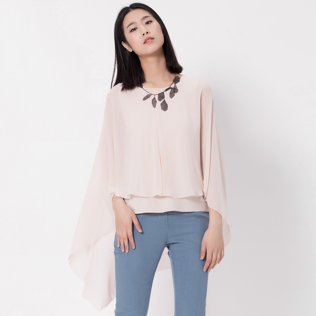 艺之卉春夏新品圆领时尚气质斗篷式宽松雪纺衫女上衣