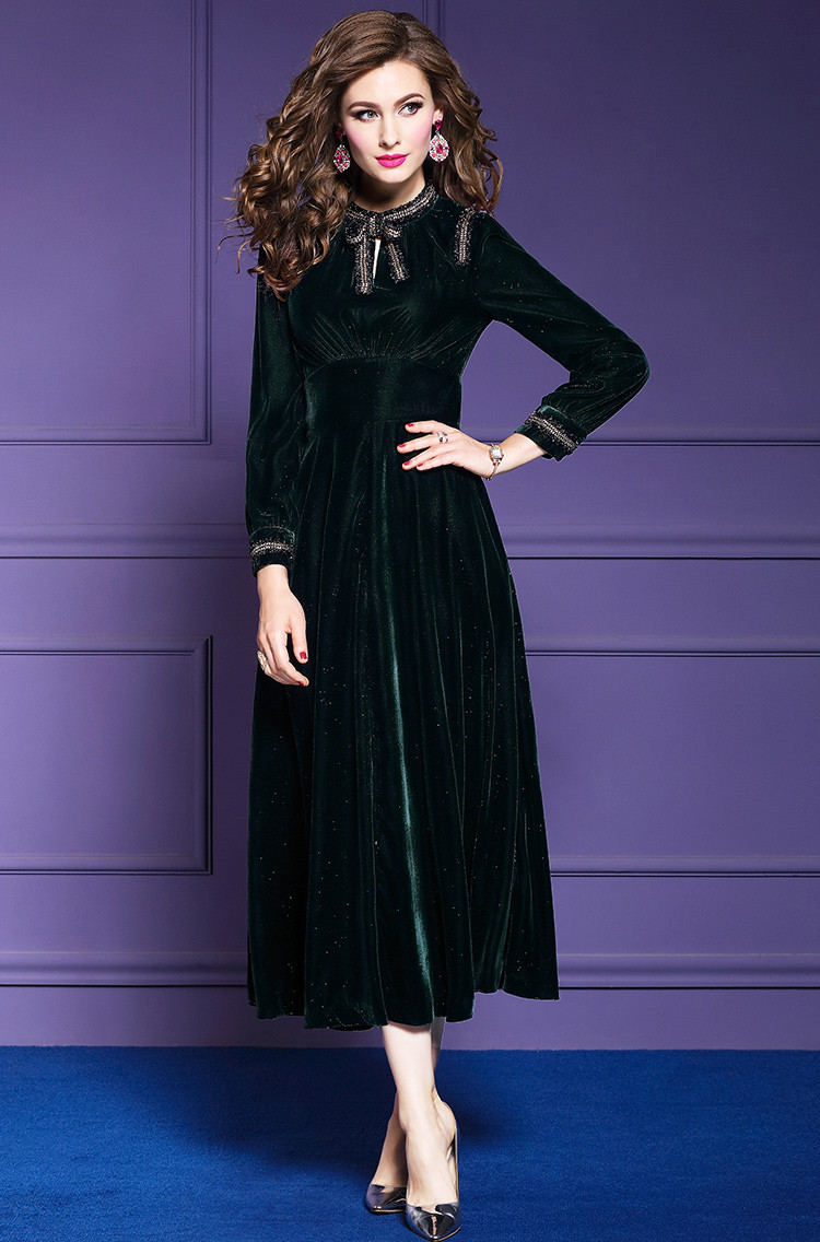 2018新款淑女气质修身长裙子秋冬修身黑色丝绒连衣裙