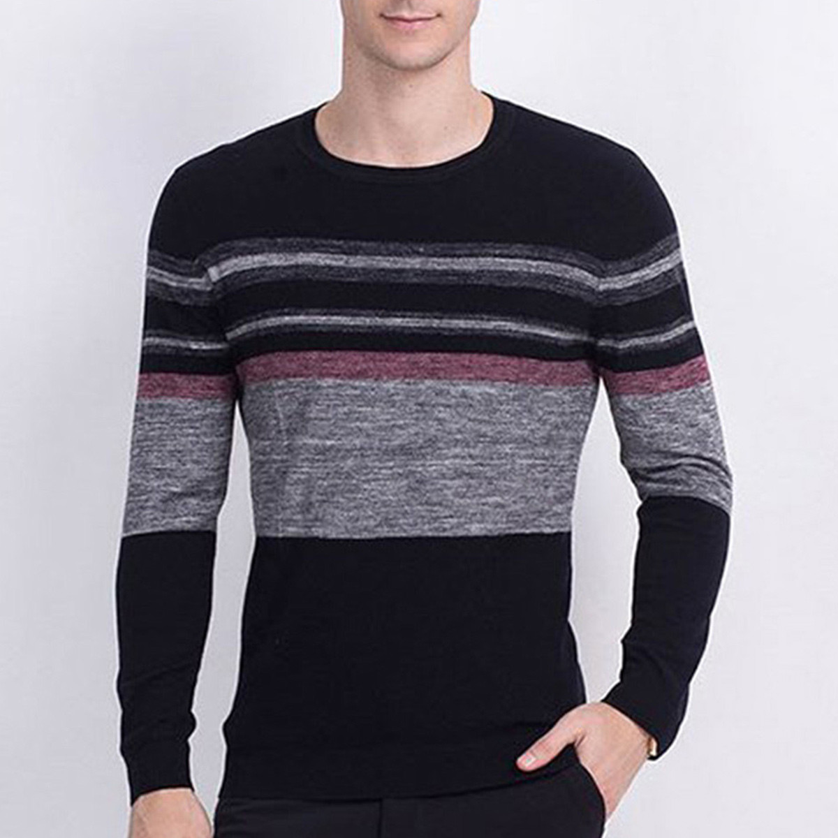 【纯羊毛】100%羊毛男士圆领套头撞色毛衣加厚保暖男士羊毛衫