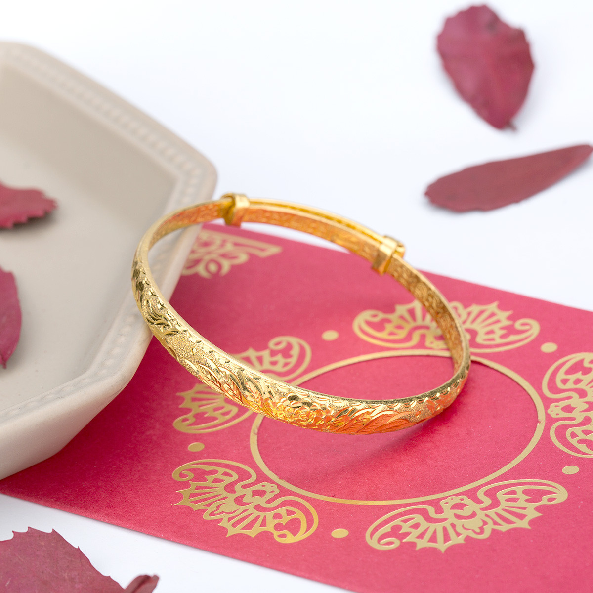 老庙黄金足金999手镯花磨砂批花收缩实心镯